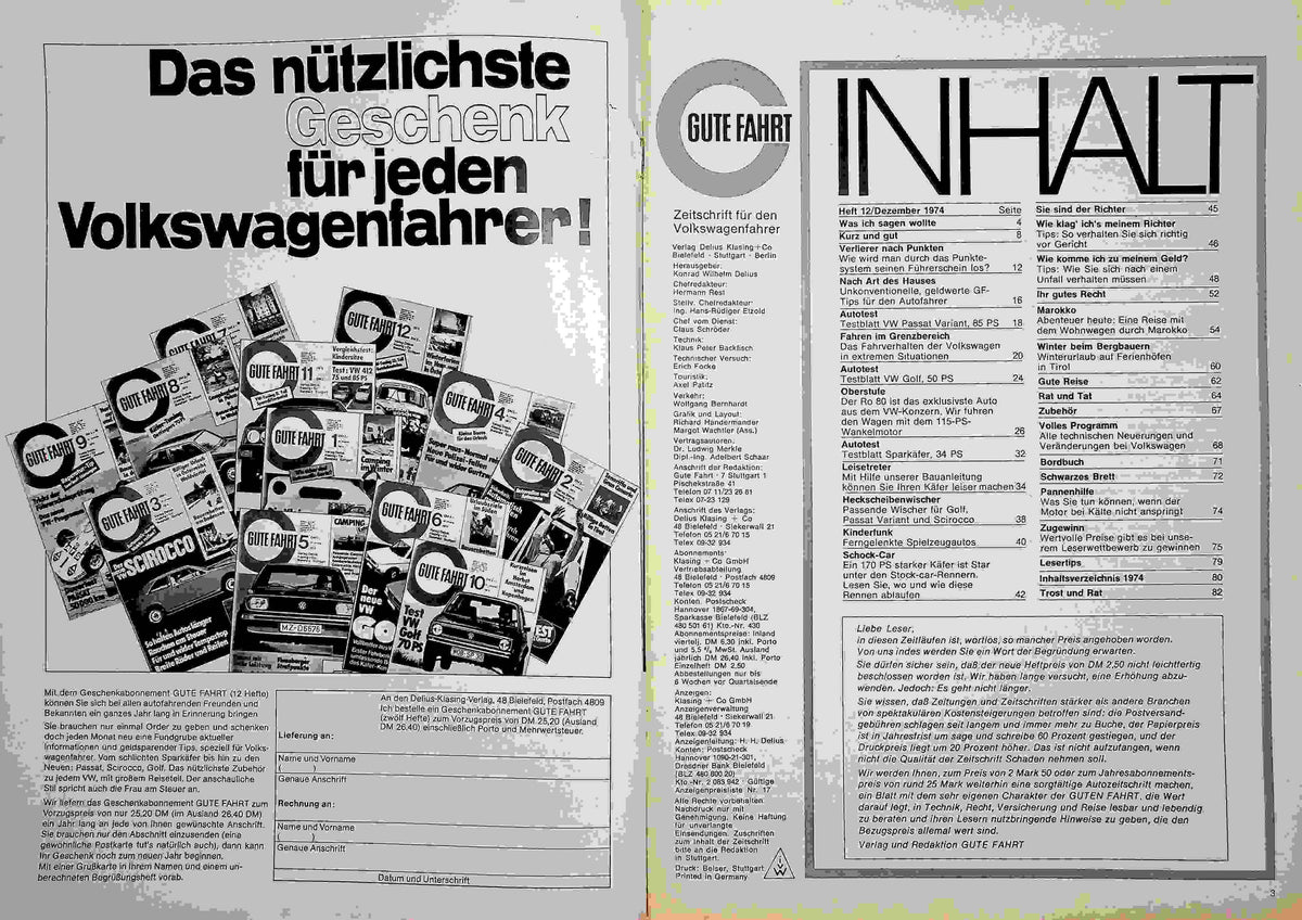 Inhaltsverzeichnis Gute Fahrt 12/1974