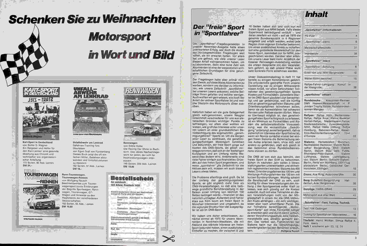 Inhaltsverzeichnis Sport Fahrer 12/1974