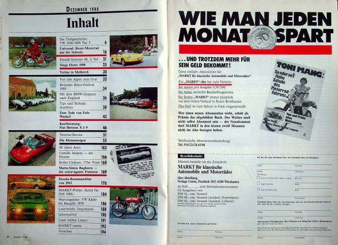 Inhaltsverzeichnis Oldtimer Markt 12/1988
