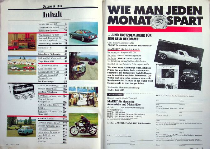 Inhaltsverzeichnis Oldtimer Markt 12/1989
