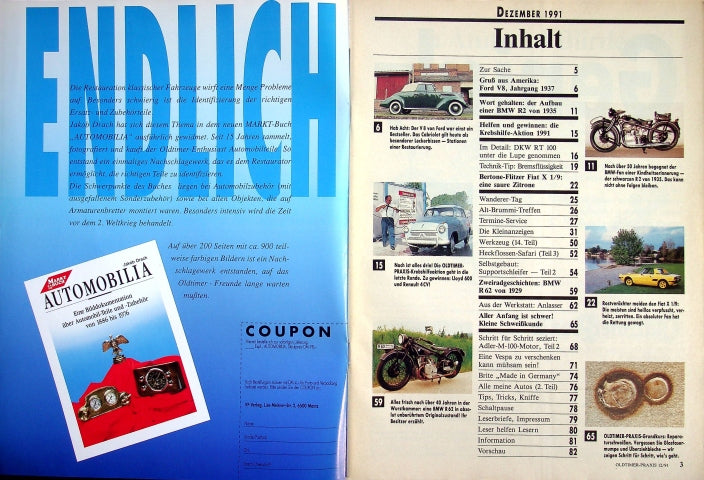 Inhaltsverzeichnis Oldtimer Praxis 12/1991