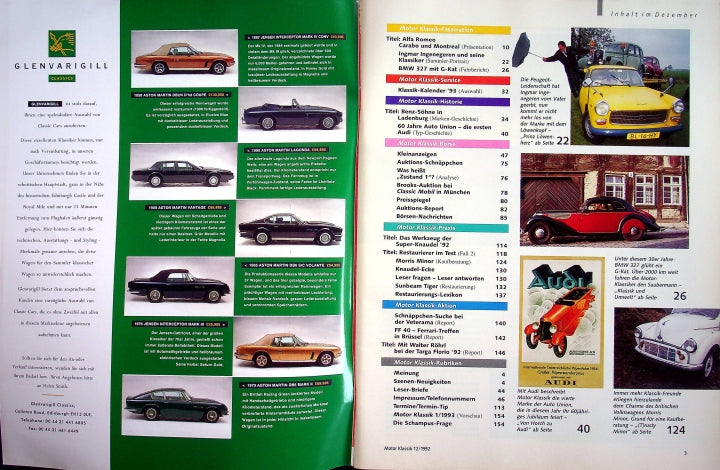 Inhaltsverzeichnis Motor Klassik 12/1992