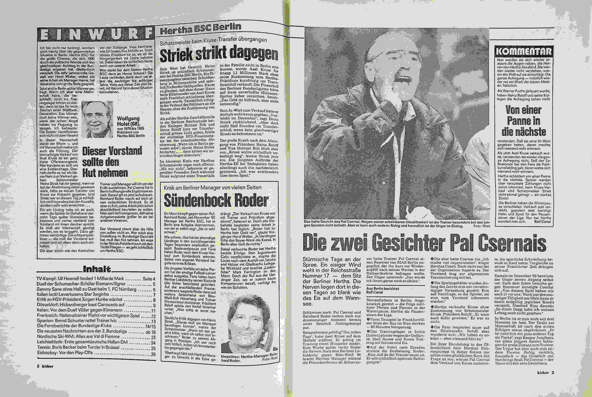 Inhaltsverzeichnis Kicker 13/1991