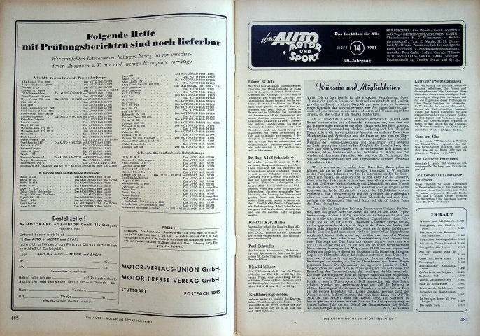 Inhaltsverzeichnis Auto Motor und Sport 14/1951