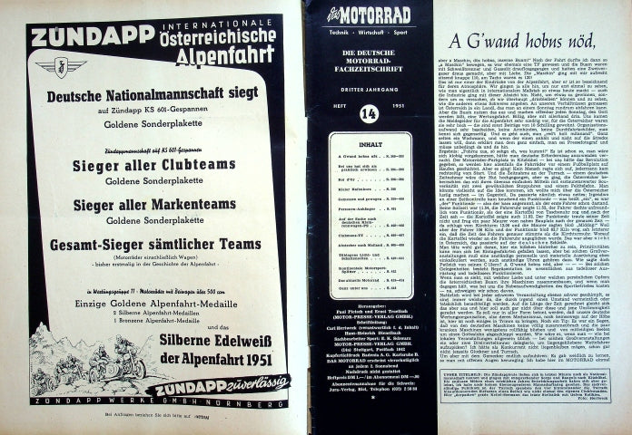 Inhaltsverzeichnis Motorrad 14/1951