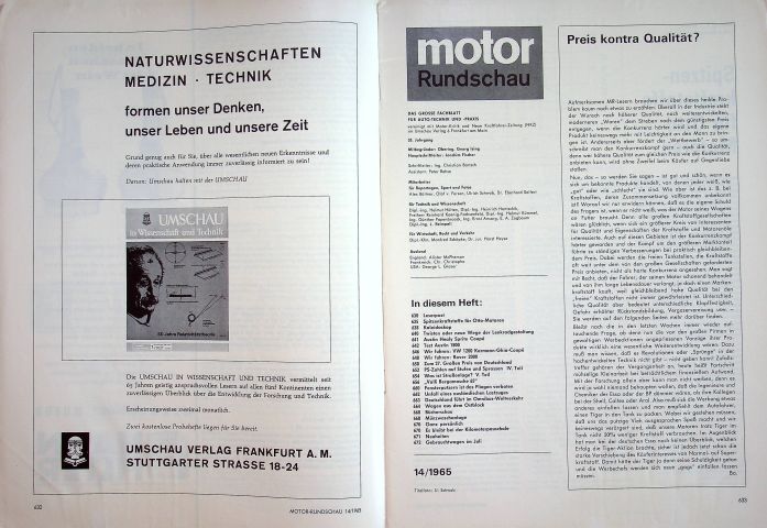 Inhaltsverzeichnis Motor Rundschau 14/1965