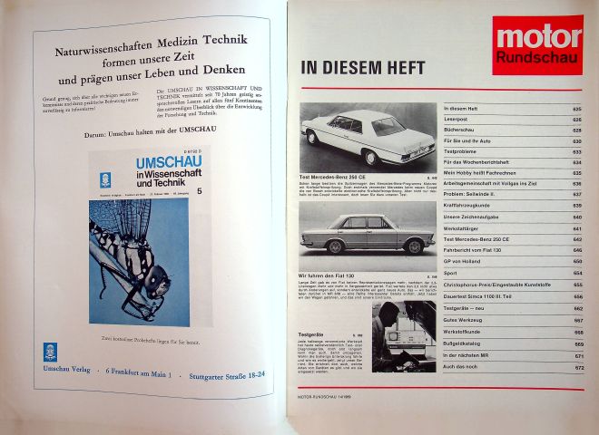 Inhaltsverzeichnis Motor Rundschau 14/1969