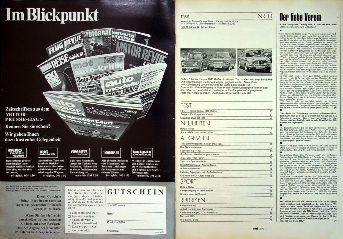 Inhaltsverzeichnis Motor Rundschau 14/1970
