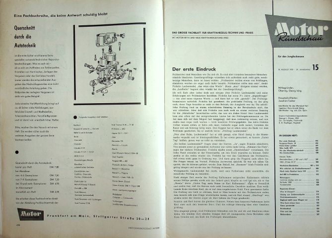 Inhaltsverzeichnis Motor Rundschau 15/1959