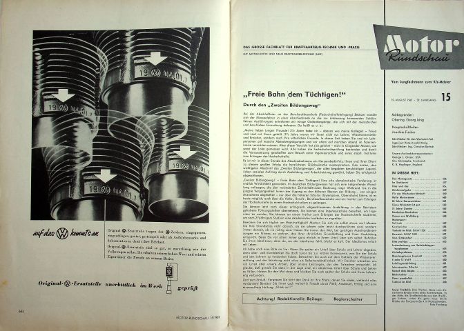Inhaltsverzeichnis Motor Rundschau 15/1962