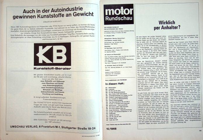 Inhaltsverzeichnis Motor Rundschau 15/1968
