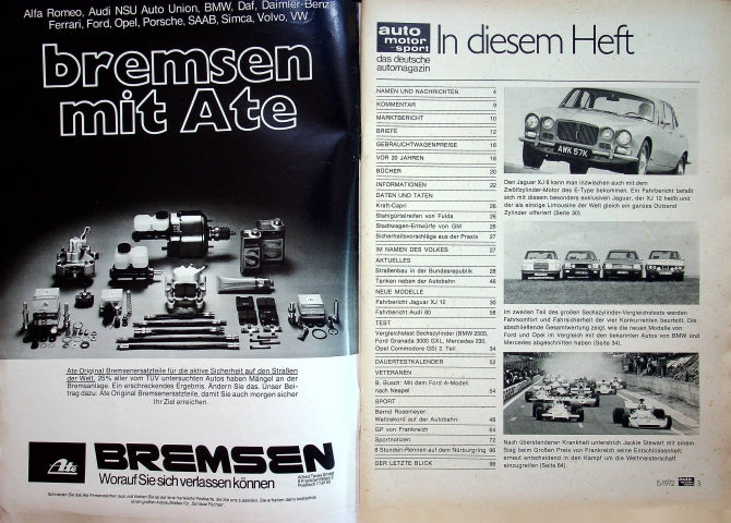 Inhaltsverzeichnis Auto Motor und Sport 15/1972