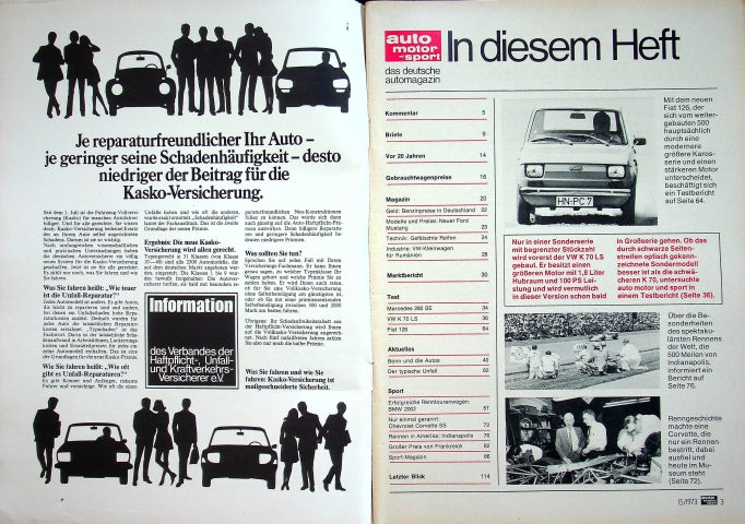 Inhaltsverzeichnis Auto Motor und Sport 15/1973
