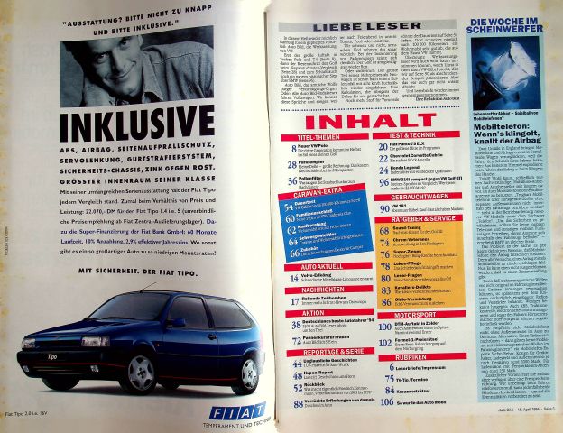 Inhaltsverzeichnis Auto Bild 15/1994
