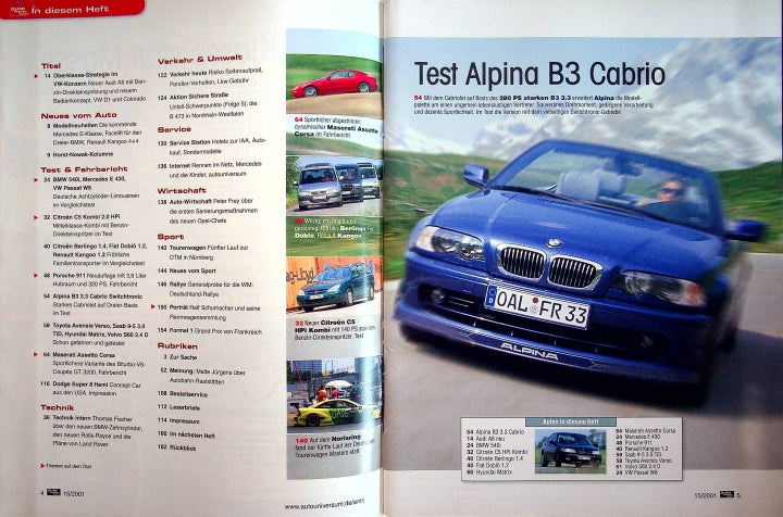 Inhaltsverzeichnis Auto Motor und Sport 15/2001