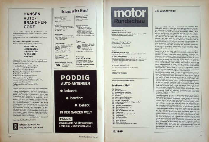 Inhaltsverzeichnis Motor Rundschau 16/1965