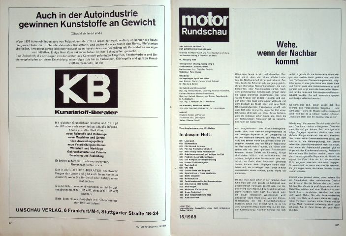 Inhaltsverzeichnis Motor Rundschau 16/1968