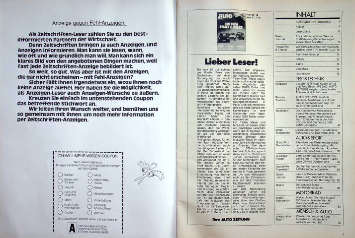 Inhaltsverzeichnis Autozeitung 16/1976