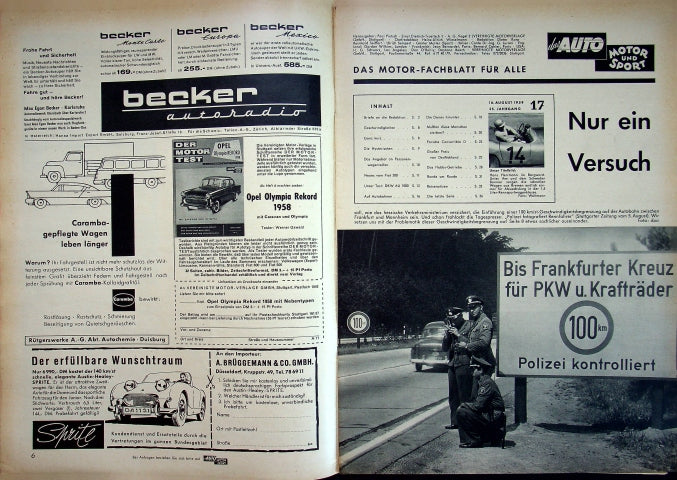 Inhaltsverzeichnis Auto Motor und Sport 17/1958
