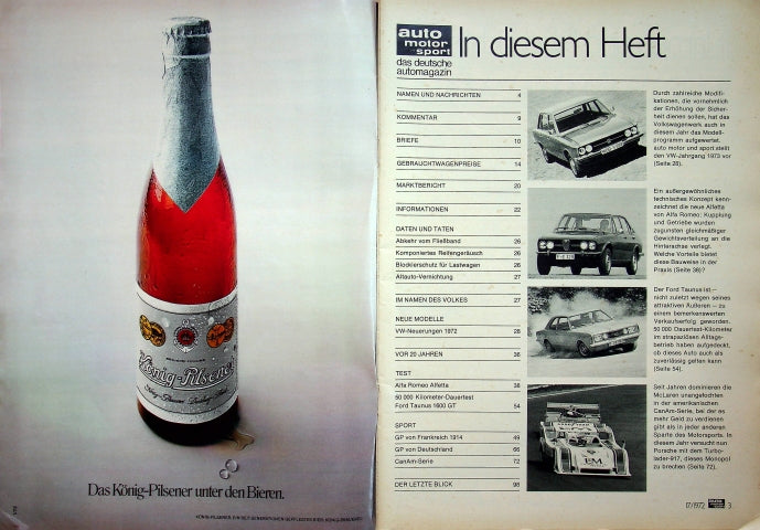 Inhaltsverzeichnis Auto Motor und Sport 17/1972