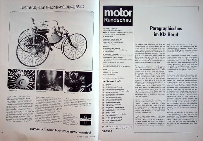 Inhaltsverzeichnis Motor Rundschau 18/1968
