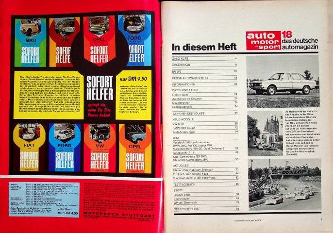 Inhaltsverzeichnis Auto Motor und Sport 18/1970