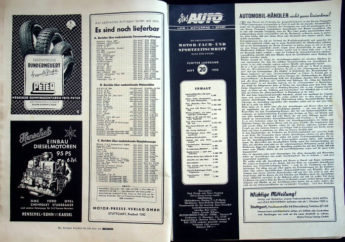 Inhaltsverzeichnis Auto Motor und Sport 20/1950