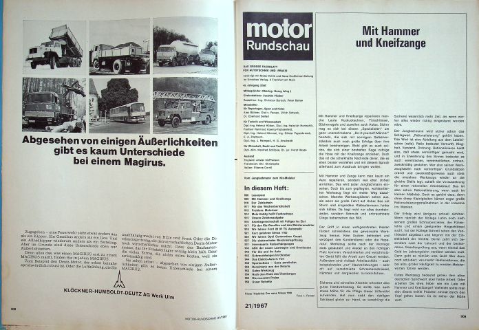 Inhaltsverzeichnis Motor Rundschau 21/1967