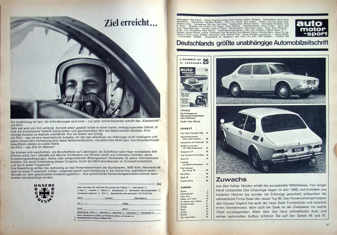 Inhaltsverzeichnis Auto Motor und Sport 25/1967