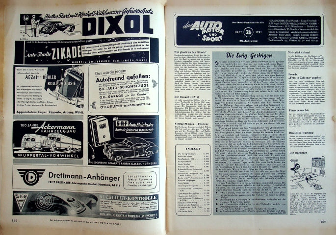 Inhaltsverzeichnis Auto Motor und Sport 26/1951