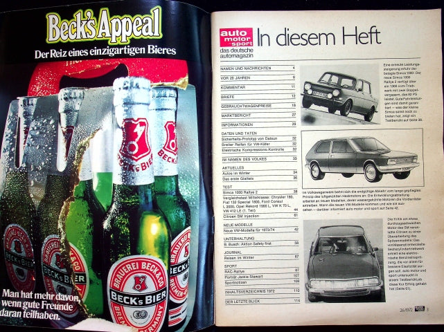 Inhaltsverzeichnis Auto Motor und Sport 26/1972