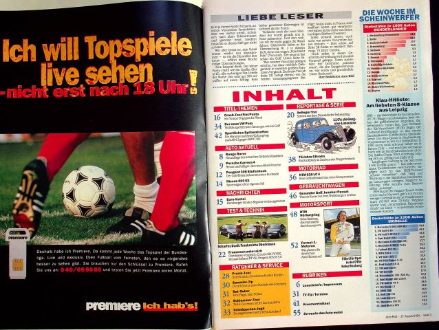 Inhaltsverzeichnis Auto Bild 34/1994