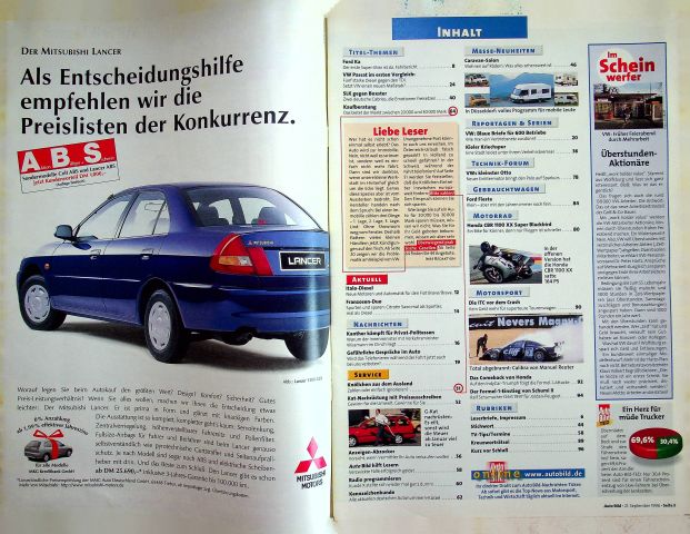 Inhaltsverzeichnis Auto Bild 38/1996